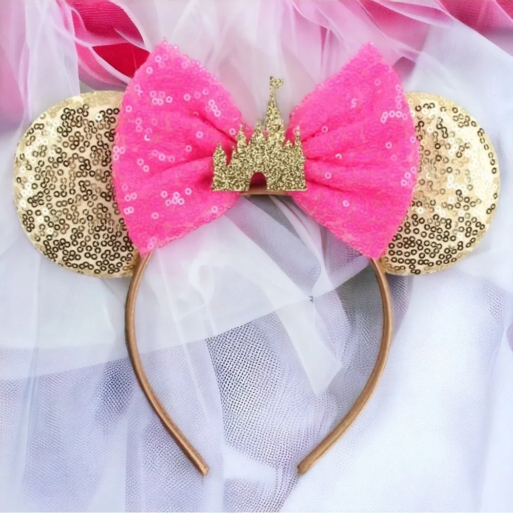 Pink and Gold Mouse Ears with Castle Sequin Bow - Brand New!